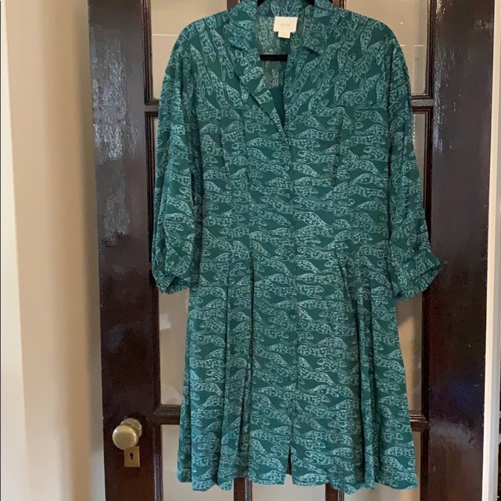 Anthropologie Maeve green leopard shirt dress